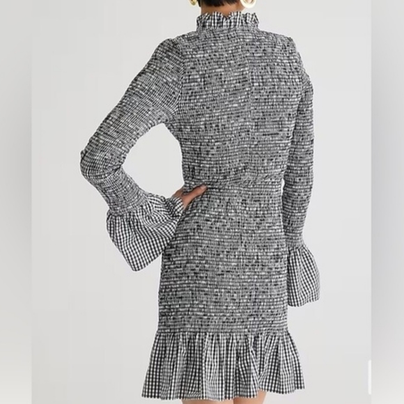 Jcrew smocked Lg Sleeve BUTTON UP dress Ruffle Gingham black/white Sz M nwt - Picture 10 of 14